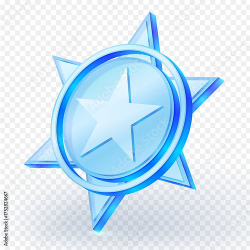 Shiny blue glass star badge icon with transparent background, 3D glossy style. Perfect for awards, achievements, game design and digital user interface elements. Vector illustration.