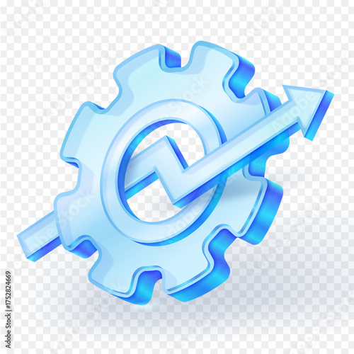3D gear blue glass icon with an upward arrow, symbolizing strategy business growth, process optimization and performance improvement on transparent background. Vector illustration.