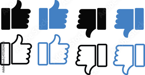 Set of 8 thumbs up and thumbs down icons, like and dislike feedback symbols, approval and rejection hand gesture buttons vector illustration on white background