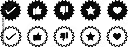 Set of 10 social media icons including like, dislike, tick, heart, and star symbols, thumbs up and thumbs down collection in black and white vector illustration on white background