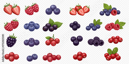 A collection of various berries including strawberries, raspberries, blueberries, blackberries, and red currants, arranged in small clusters.