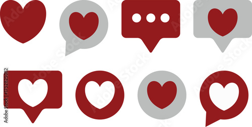 Social media heart emoji icons set, like and love reaction buttons, chat message bubbles with red hearts vector illustration on white background
