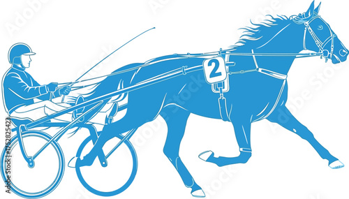 Harness racing driver guides horse pulling sulky in competition
