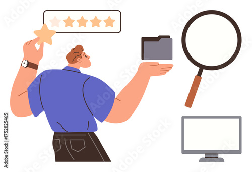 Person holding a star and folder, surrounded by magnifying glass, monitor, and rating scale. Ideal for review, performance, evaluation, feedback search digital management productivity. Simple flat