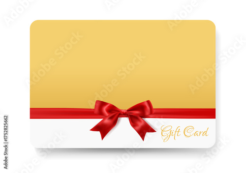 Elegant gold and white gift card with red satin ribbon and bow. Luxury holiday or celebration voucher design. Perfect for Christmas, birthday, anniversary, or special occasion themes.