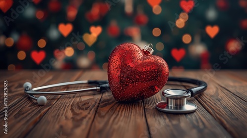 Festive red heart ornament paired with stethoscope on wood. Represents holiday care, medical love, and health awareness.