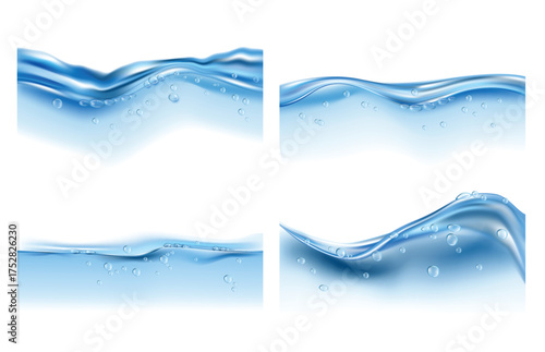 Realistic Blue Water Waves with Bubbles Set Isolated on Transparent Background