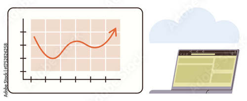 Graph with upward trend, laptop with dashboards, and cloud representing data analysis, technology, cloud computing, business growth, digital marketing, trends, and flat metaphor for innovation