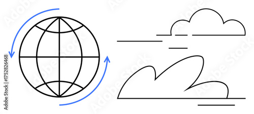 Globe outlined with directional arrows symbolizing connectivity, paired with minimalist cloud shapes. Ideal for environment, global network, travel, sustainability, climate, international trade