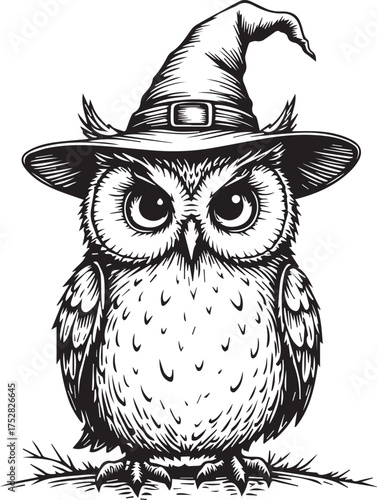 An owl with hat. A whimsical illustration of an owl adorned with a pointed witch's hat. Perfect for adding a touch of magic to any project. 