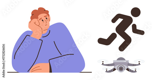 Person in thought, running silhouette signifying action, modern quadcopter for technology and innovation. Ideal for creativity, observation, action, imagination, planning, productivity exploration