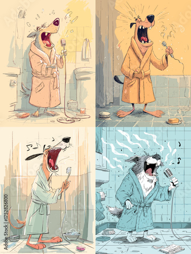 Funny cartoon dog singing passionately in the shower holding a toothbrush as microphone. Humorous animal illustration in bright colors, perfect for posters or greeting cards.