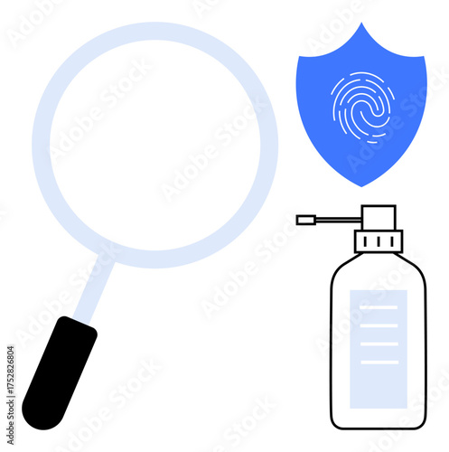 Magnifying glass, fingerprint shield, and sanitizer bottle highlight scrutiny, identity protection, and cleanliness. Ideal for health, research, security, analysis forensics investigation data