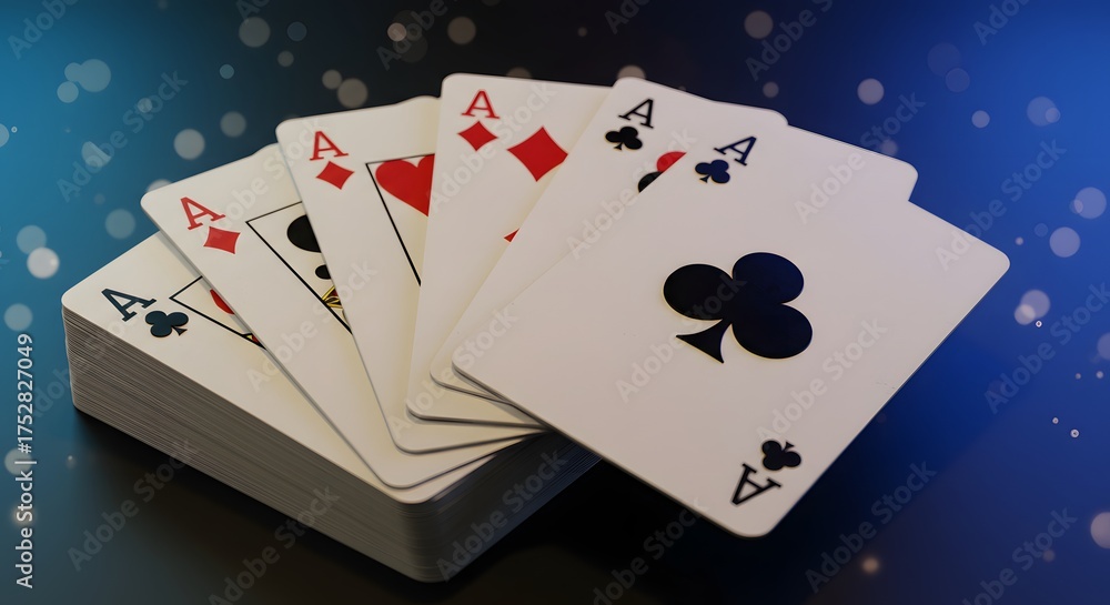 Obraz premium A hand of playing cards, all showing the Ace of each suit, fanned out above a deck