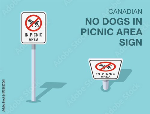Traffic regulation rules. Isolated canadian "no dogs in picnic area" sign. Front and top view. Flat vector illustration template.