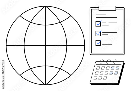Globe outline, checklist with marked tasks, spiral-bound calendar. Ideal for global coordination, project planning, scheduling, productivity, organization, task tracking simple flat metaphor