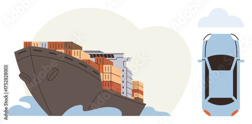 Large cargo ship loaded with containers on the ocean alongside overhead view of a car. Ideal for transport, trade, logistics, global commerce, economy, supply chain, sustainable shipping. Simple flat