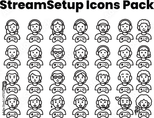Gamer Avatar & Profile Icon Set — Vector Outline Pack
Description: Minimal line icons showing gamer faces, profiles, headsets, and moods. Ideal for e-sports, community, and UI avatars.
