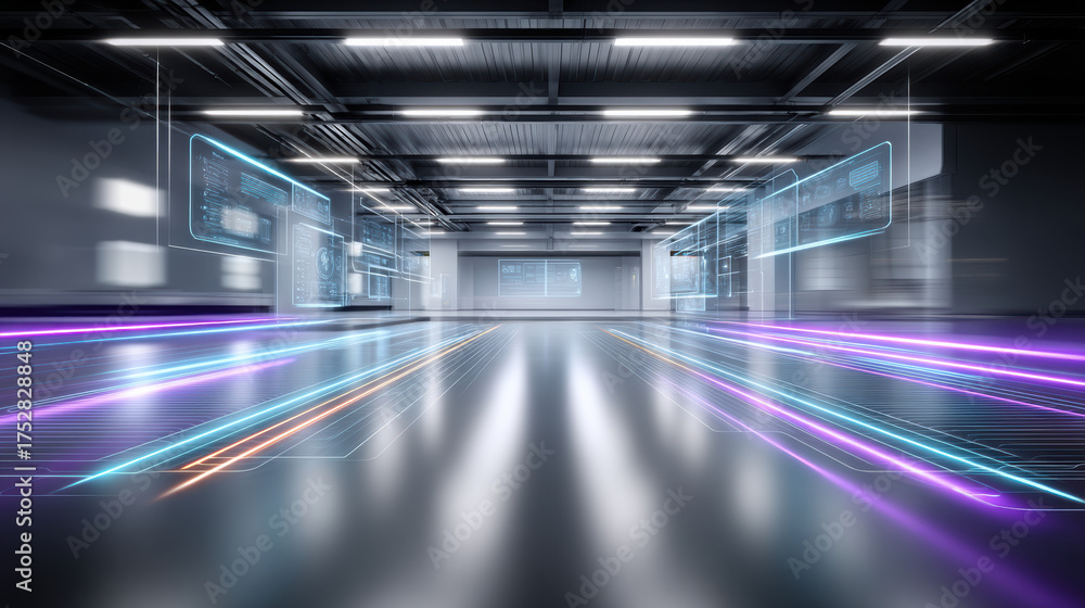 Fototapeta premium High tech industrial futuristic interior with glowing light trails and holographic displays creating energetic modern atmosphere