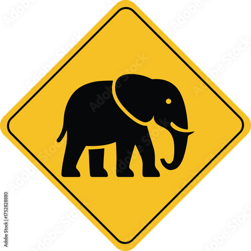 Elephant crossing warning sign yellow diamond shape vector illustration for safety and awareness