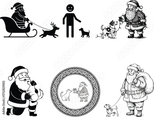 Santa Claus with pets and children illustration set, festive holiday scenes, black and white vector art, Christmas gift-giving concept, decorative seasonal silhouette design