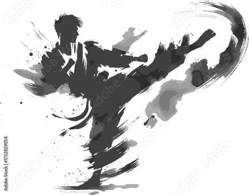  A bold, black ink silhouette of a martial artist delivering a high kick. The dynamic brush strokes evoke speed, strength, and focus, blending traditional ink painting with modern action