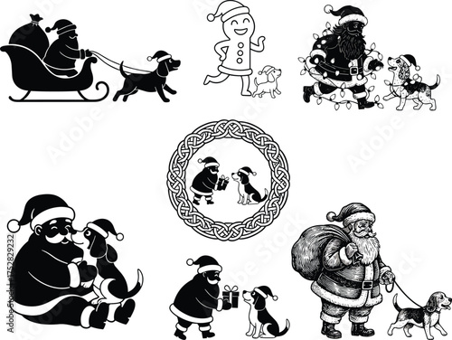 Santa Claus with dogs illustration set, festive pet scenes, Christmas companion concept, black and white vector art, holiday gift-giving design, seasonal silhouette collection