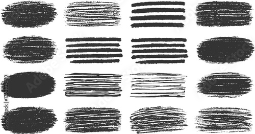 Collection of dark textured brush strokes and lines on a white background