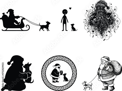 Santa Claus and dog silhouette set, festive pet scenes, stylized Christmas illustrations, black and white vector art, holiday companionship concept, decorative seasonal design