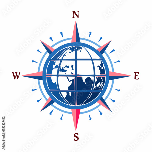 Stylized Compass Rose with Globe and Directions.