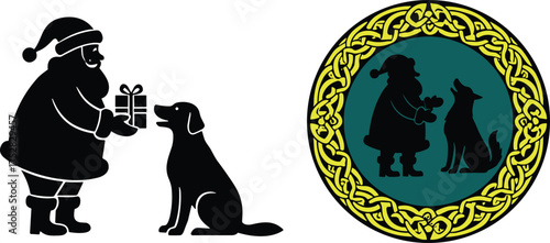 Santa Claus giving gift to dog illustration set, festive holiday scene, black silhouette vector art, Celtic knot emblem design, seasonal companion concept