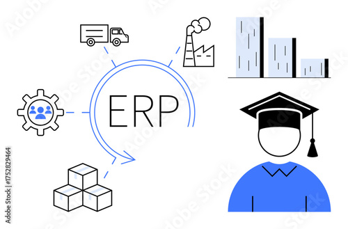 ERP concept with logistics truck, factory, bar chart, student cap, gear with people icon, and stacked cubes. Ideal for business, education, supply chain data management automation logistics