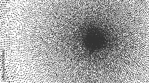Black dots of varying sizes are scattered across a white background, radiating outwards from a dense dark center.