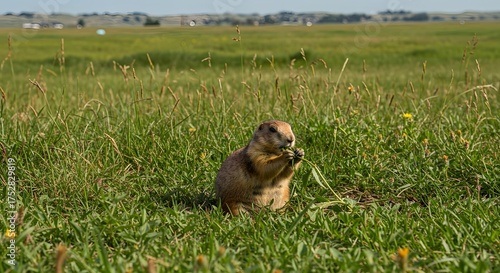 A prairie dog sits and eats vegetation in a sunny, vast grassy field