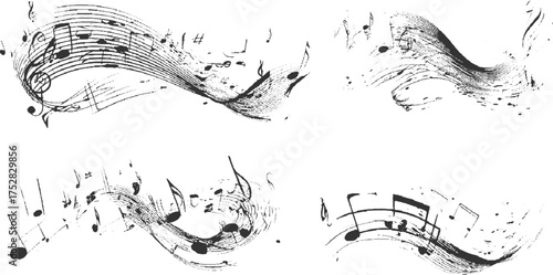 black musical notes and staves flow across a white background in an abstract sketch style