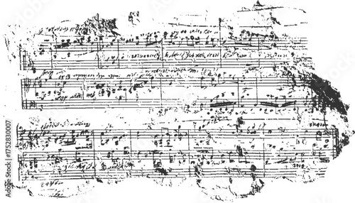 A black and white image of a torn antique musical score with handwritten notes and symbols on a white background.
