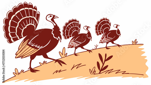 Illustrated Turkeys Walking Uphill for Thanksgiving Holiday Promotions Autumn Seasonal Events Family Gatherings and Harvest