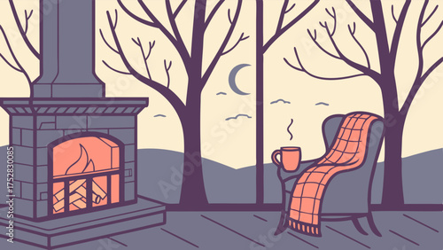 Hygge Winter Evening Scene with Fireplace Armchair Hot Drink and Bare Trees Outside Window for Relaxation and Wellness