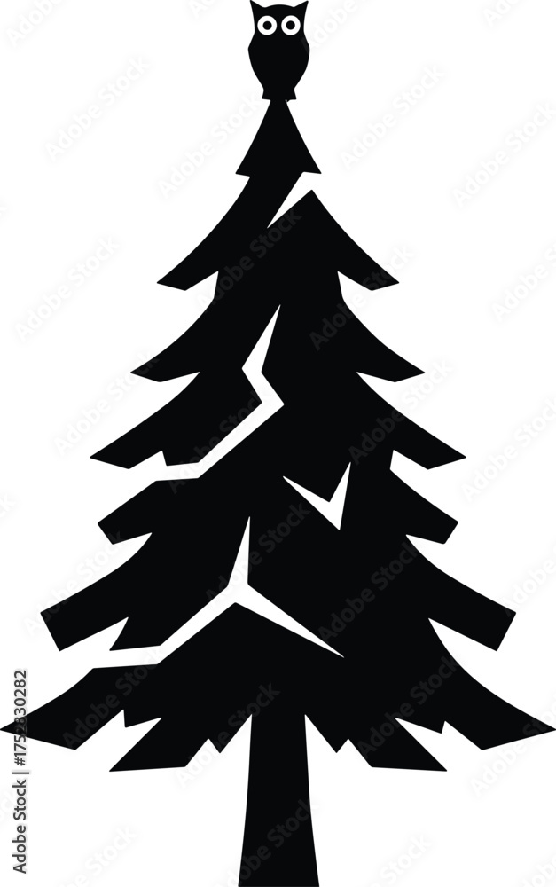 Obraz premium Tall pine tree silhouette with perched owl, layered branches, minimal black nature art, forest wildlife vector, striking contrast design, simple natural scene illustration
