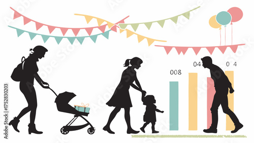 Parents and Children Silhouettes Walking, Baby Stroller, Toddler, Demographic Growth Data Analysis, Family Planning, Childhood Development, Celebration.
