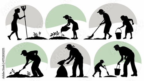 Community Volunteers Gardening and Park Cleanup. People Raking, Planting, Sweeping, and Collecting Trash for Environmental Care and Teamwork.