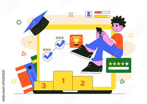 Interactive Learning Gamification Vector Illustration Featuring LMS Interface with Tablet, Book, Game Controller, and Lab Flask in a Flat Background