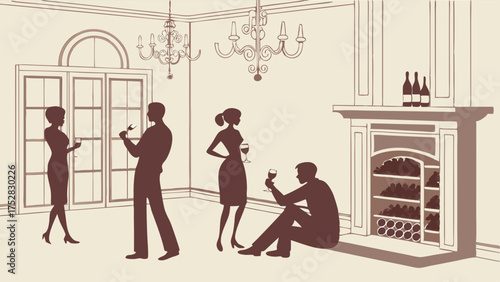 Sophisticated Guests Enjoying Wine at Elegant Party in Luxury Room Silhouette Illustration