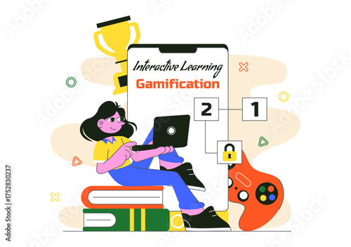 Interactive Learning Gamification Vector Illustration Featuring LMS Interface with Tablet, Book, Game Controller, and Lab Flask in a Flat Background