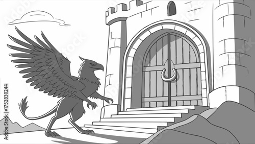Majestic Gryphon Standing Guard at Ancient Castle Gate. Fantasy Creature Line Art for Adventure Books, Gaming, and Mythological Themes