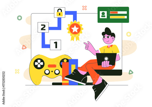 Interactive Learning Gamification Vector Illustration Featuring LMS Interface with Tablet, Book, Game Controller, and Lab Flask in a Flat Background