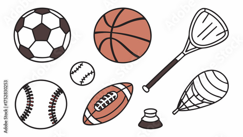 Sports Equipment Vector Illustration for Active Lifestyles Fitness Health and Youth Recreation Programs Featuring Balls Racket and Gear