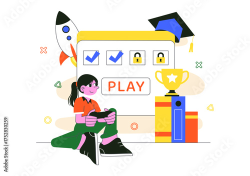 Interactive Learning Gamification Vector Illustration Featuring LMS Interface with Tablet, Book, Game Controller, and Lab Flask in a Flat Background