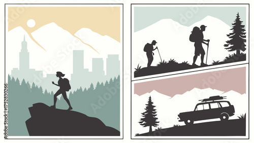 Adventurous Hikers Trekking Mountain Trails and Road Trip Through Nature. Outdoor Travel, Active Lifestyle, and Urban Escape.