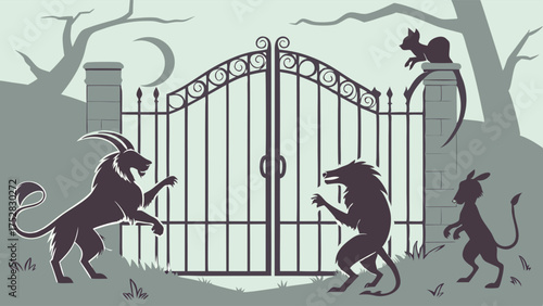 Silhouetted Fantasy Creatures Facing Ornate Gate Under Moonlight Illustrating Challenge and Strategic Choice